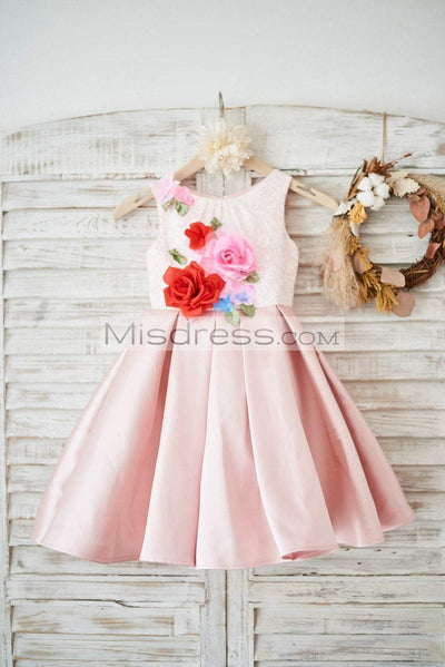 Ivory Lace Peach Pink Twill Satin Wedding Flower Girl Dress with Slit Open Back - Flower Girl Dresses