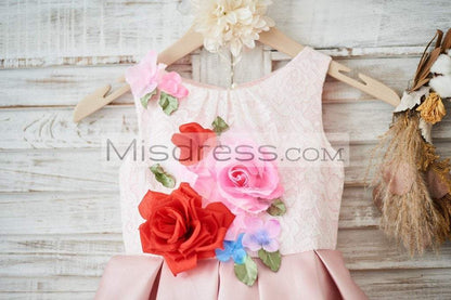 Ivory Lace Peach Pink Twill Satin Wedding Flower Girl Dress with Slit Open Back - Flower Girl Dresses