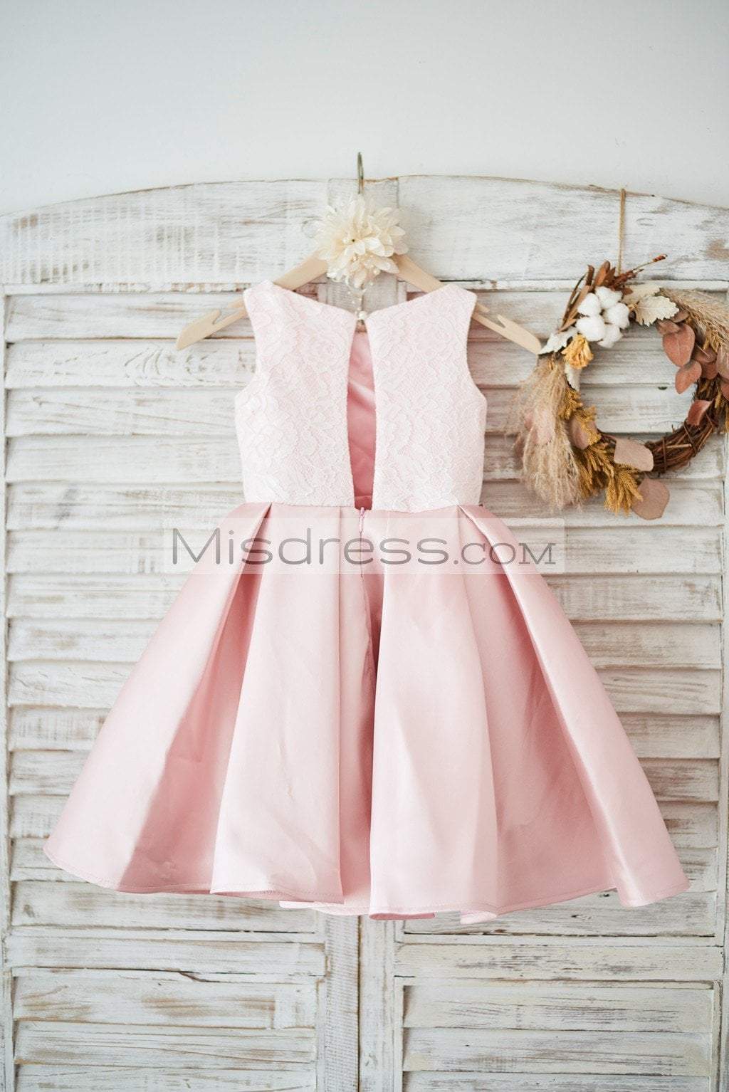 Ivory Lace Peach Pink Twill Satin Wedding Flower Girl Dress with Slit Open Back - Flower Girl Dresses
