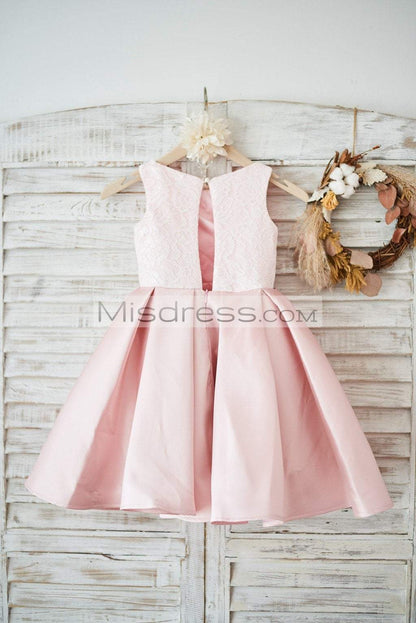 Ivory Lace Peach Pink Twill Satin Wedding Flower Girl Dress with Slit Open Back - Flower Girl Dresses