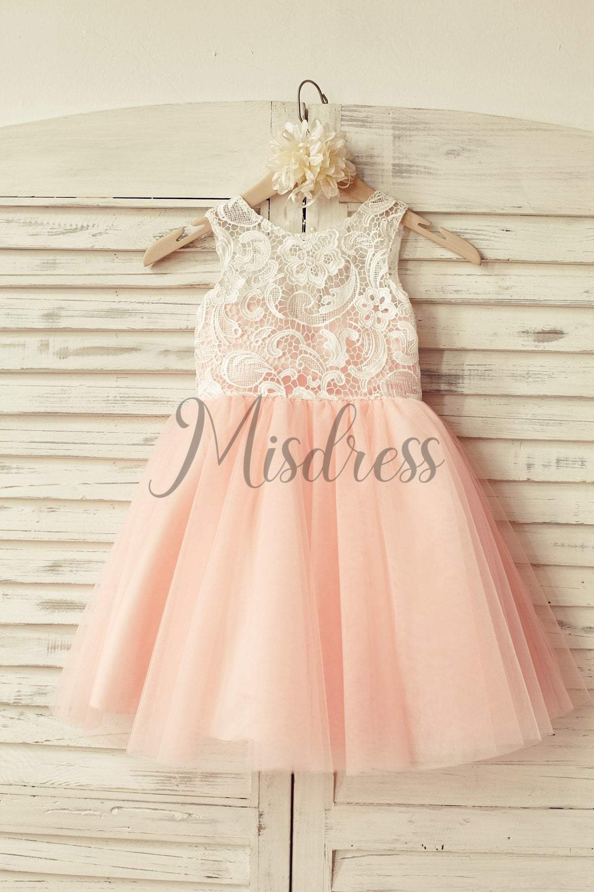 Ivory Lace Peach / Red / Silver / Purple Tulle Flower Girl Dress - 1T --- Chest = 20 inches/ Waist = 19 inches/ Hollow to knee = 20.5 inches