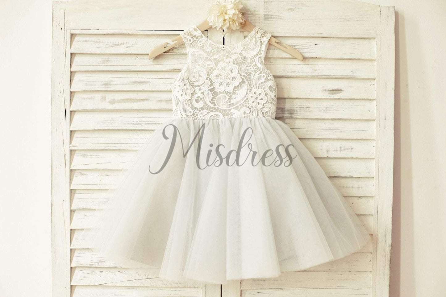 Ivory Lace Peach / Red / Silver / Purple Tulle Flower Girl Dress - 1T --- Chest = 20 inches/ Waist = 19 inches/ Hollow to knee = 20.5 inches