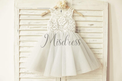 Ivory Lace Peach / Red / Silver / Purple Tulle Flower Girl Dress - 1T --- Chest = 20 inches/ Waist = 19 inches/ Hollow to knee = 20.5 inches