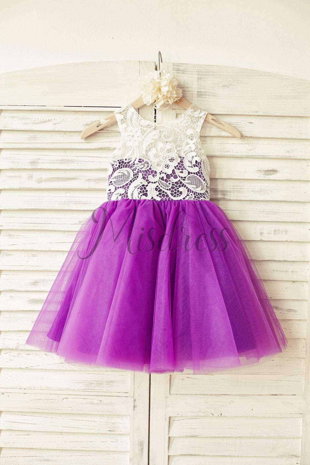 Ivory Lace Peach / Red / Silver / Purple Tulle Flower Girl Dress - 1T --- Chest = 20 inches/ Waist = 19 inches/ Hollow to knee = 20.5 inches