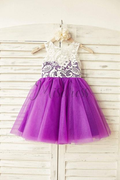 Ivory Lace Peach / Red / Silver / Purple Tulle Flower Girl Dress - 1T --- Chest = 20 inches/ Waist = 19 inches/ Hollow to knee = 20.5 inches