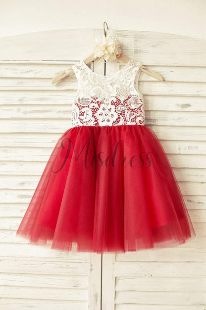 Ivory Lace Peach / Red / Silver / Purple Tulle Flower Girl Dress - 1T --- Chest = 20 inches/ Waist = 19 inches/ Hollow to knee = 20.5 inches