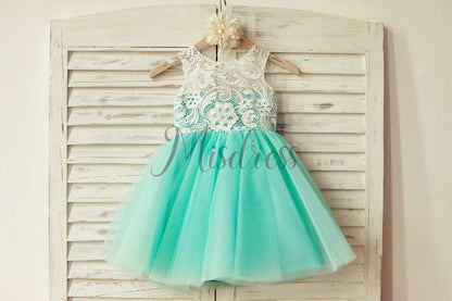 Ivory Lace Peach / Red / Silver / Purple Tulle Flower Girl Dress - 1T --- Chest = 20 inches/ Waist = 19 inches/ Hollow to knee = 20.5 inches