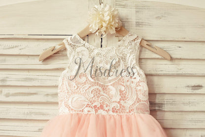 Ivory Lace Peach / Red / Silver / Purple Tulle Flower Girl Dress - Flower Girl Dresses