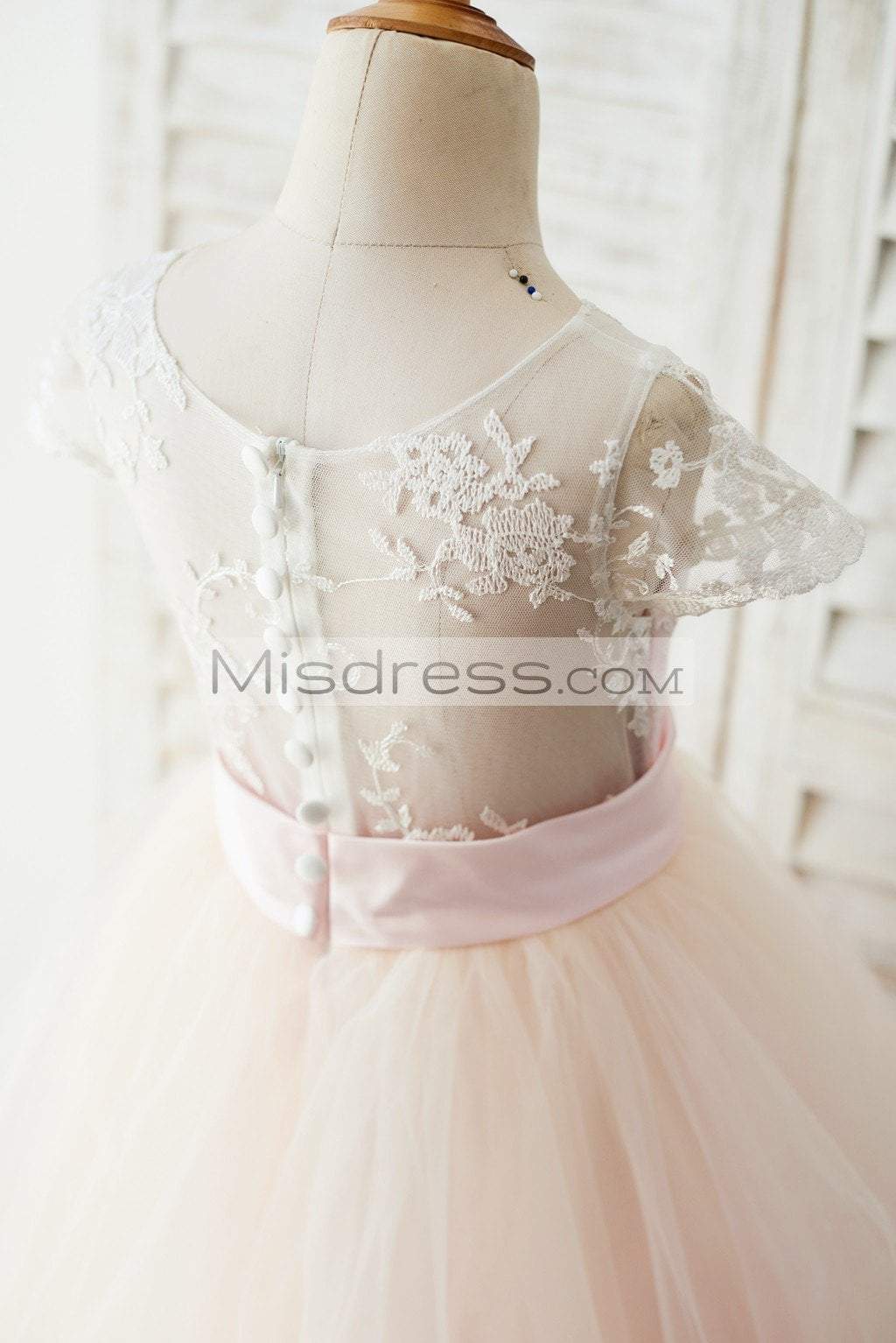 Ivory Lace Pink Tulle Cap Sleeves Wedding Flower Girl Dress With Horsehair Hem - Flower Girl Dresses