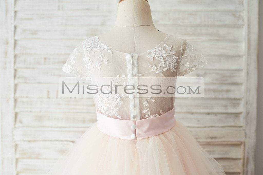 Ivory Lace Pink Tulle Cap Sleeves Wedding Flower Girl Dress With Horsehair Hem - Flower Girl Dresses