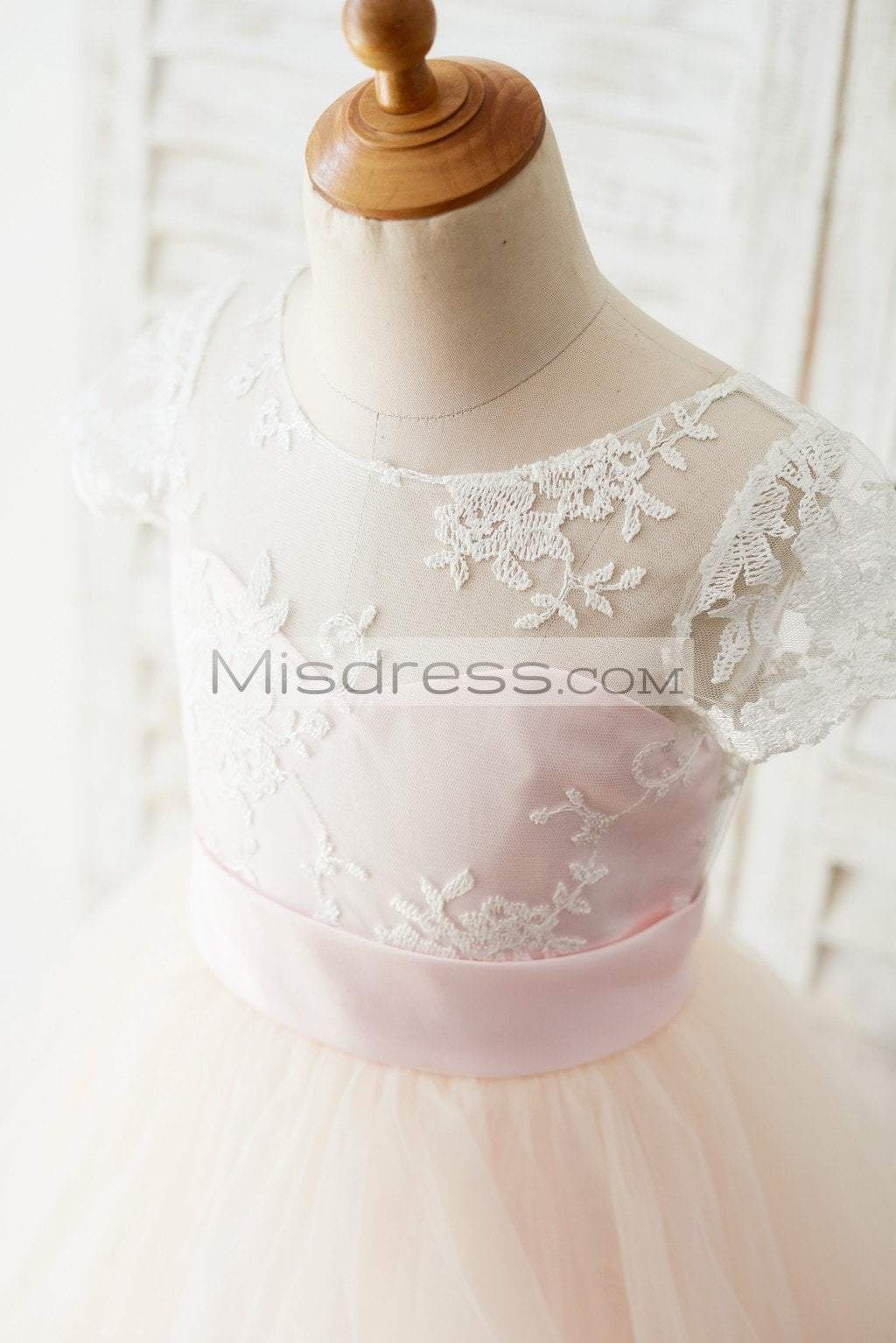 Ivory Lace Pink Tulle Cap Sleeves Wedding Flower Girl Dress With Horsehair Hem - Flower Girl Dresses