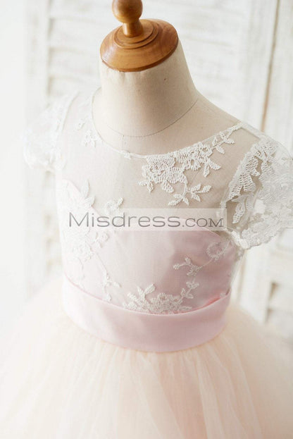Ivory Lace Pink Tulle Cap Sleeves Wedding Flower Girl Dress With Horsehair Hem - Flower Girl Dresses