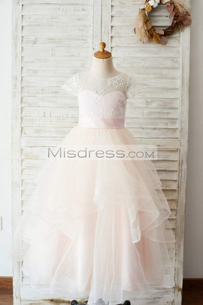 Ivory Lace Pink Tulle Cap Sleeves Wedding Flower Girl Dress With Horsehair Hem - Flower Girl Dresses