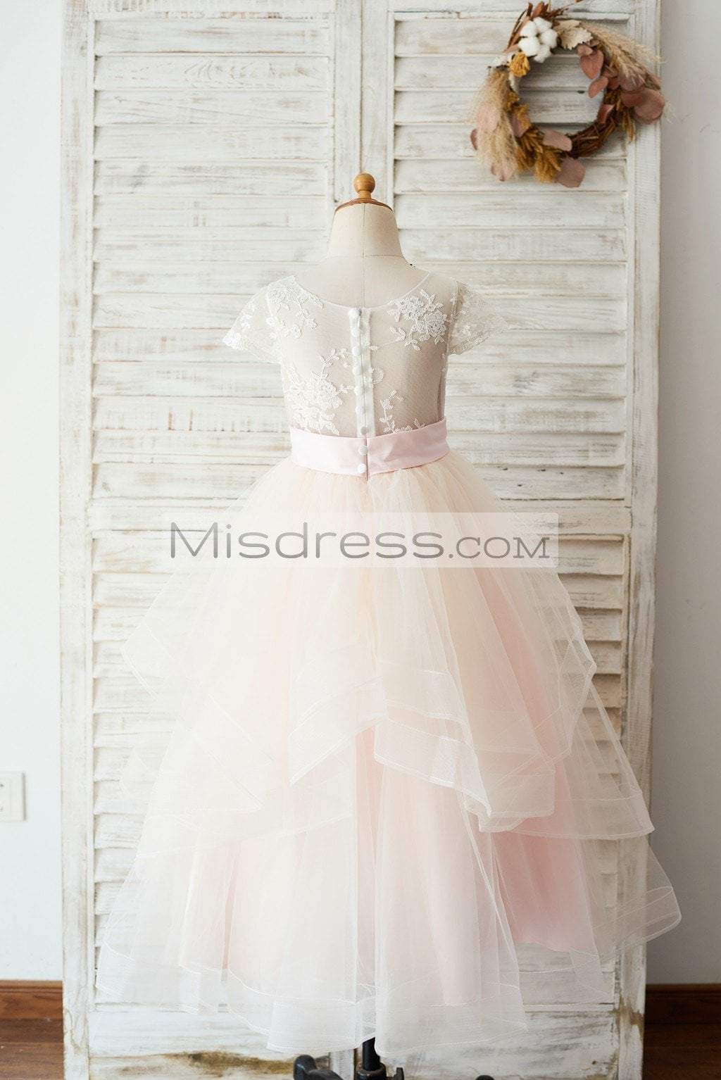 Ivory Lace Pink Tulle Cap Sleeves Wedding Flower Girl Dress With Horsehair Hem - Flower Girl Dresses