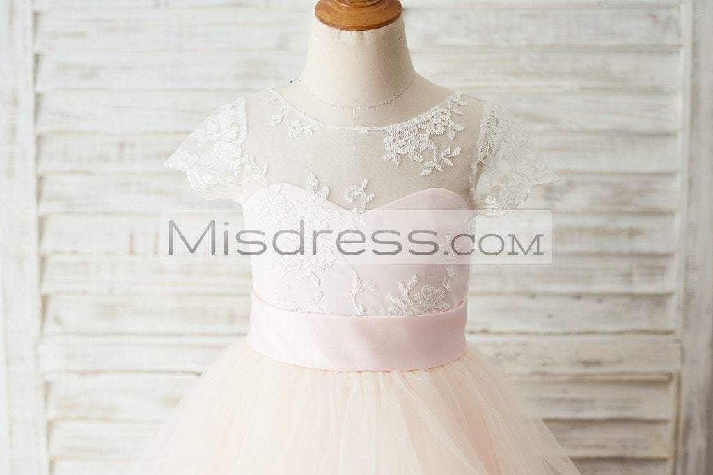 Ivory Lace Pink Tulle Cap Sleeves Wedding Flower Girl Dress With Horsehair Hem - Flower Girl Dresses
