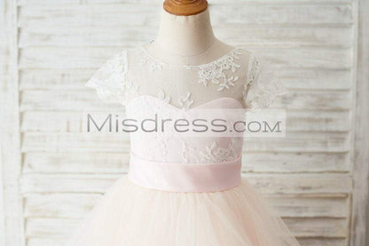 Ivory Lace Pink Tulle Cap Sleeves Wedding Flower Girl Dress With Horsehair Hem - Flower Girl Dresses