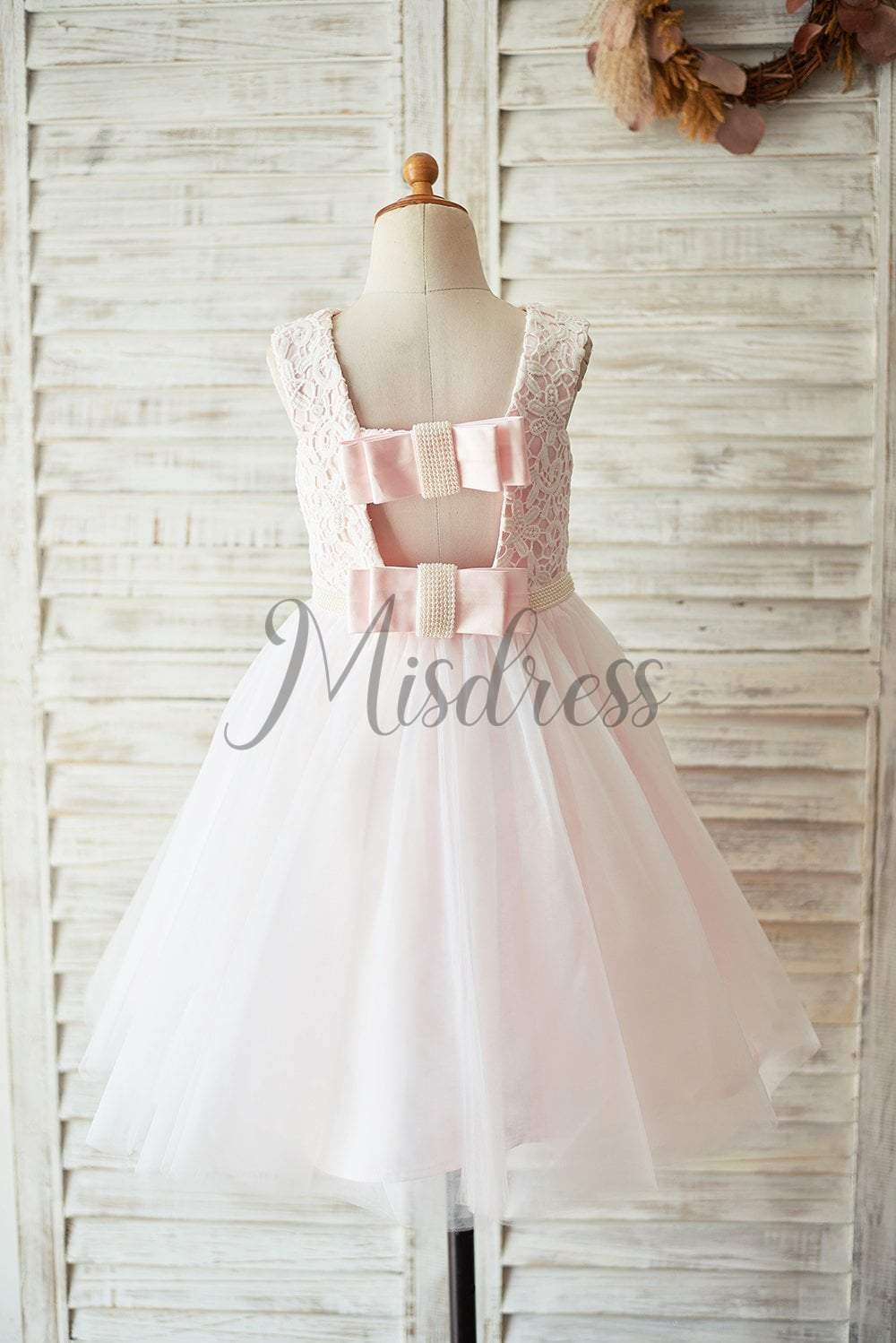 Ivory Lace Pink Tulle Open Back Wedding Flower Girl Dress with Pearls - Flower Girl Dresses