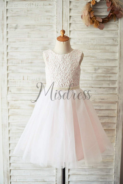 Ivory Lace Pink Tulle Open Back Wedding Flower Girl Dress with Pearls - Flower Girl Dresses