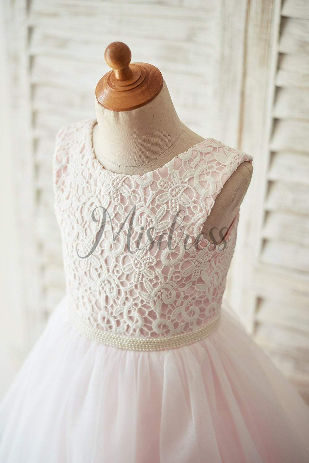 Ivory Lace Pink Tulle Open Back Wedding Flower Girl Dress with Pearls - Flower Girl Dresses