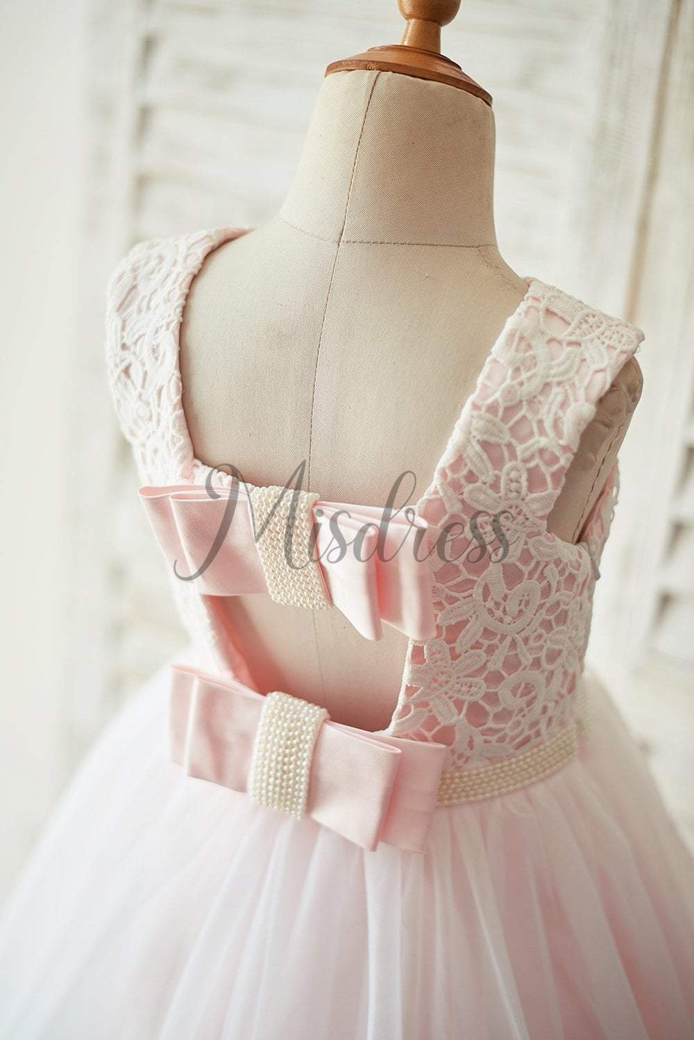 Ivory Lace Pink Tulle Open Back Wedding Flower Girl Dress with Pearls - Flower Girl Dresses