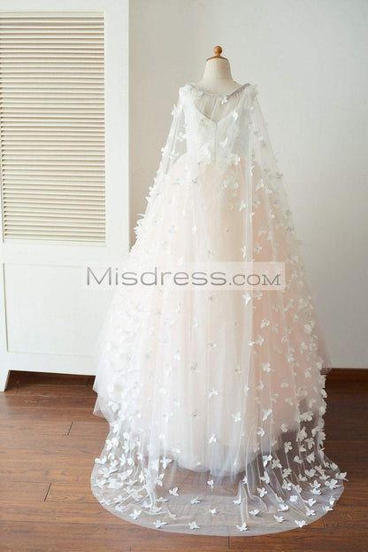 Ivory Lace Pink Tulle Wedding Party Flower Girl Dress with Butterfly Cape - Flower Girl Dresses