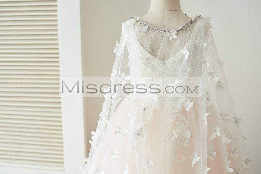 Ivory Lace Pink Tulle Wedding Party Flower Girl Dress with Butterfly Cape - Flower Girl Dresses