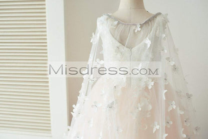 Ivory Lace Pink Tulle Wedding Party Flower Girl Dress with Butterfly Cape - Flower Girl Dresses