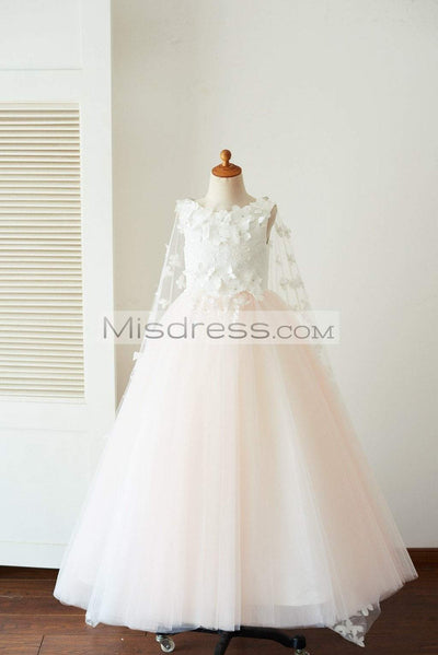 Ivory Lace Pink Tulle Wedding Party Flower Girl Dress with Butterfly Cape - Flower Girl Dresses