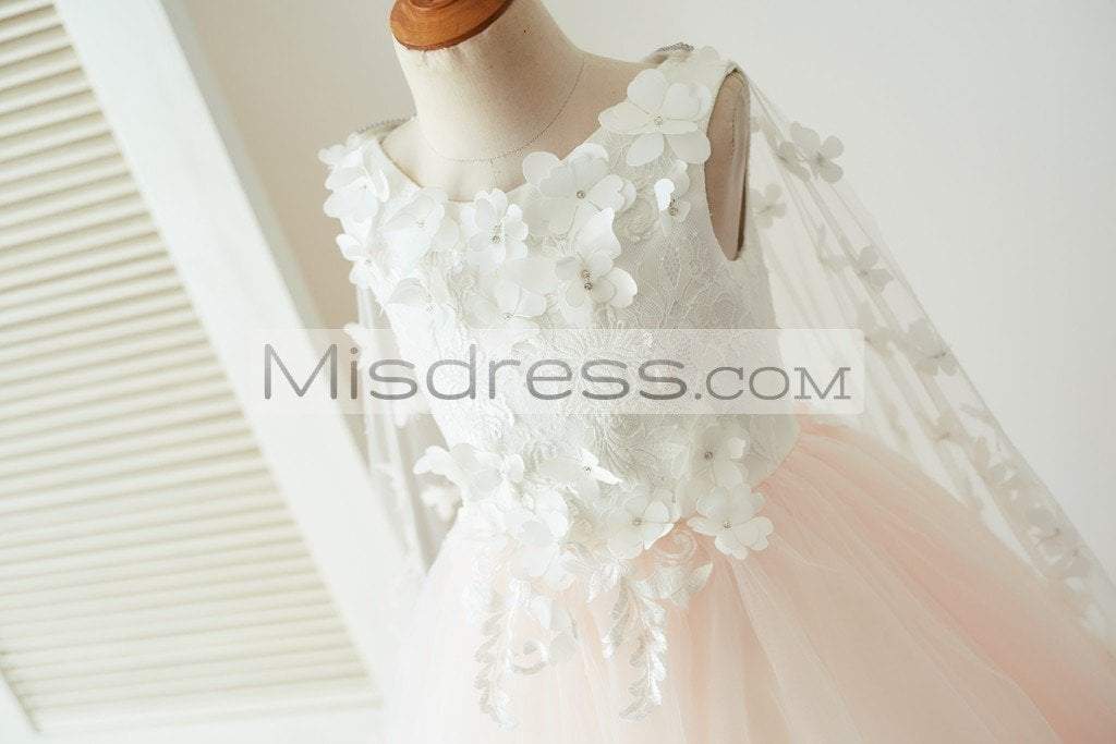 Ivory Lace Pink Tulle Wedding Party Flower Girl Dress with Butterfly Cape - Flower Girl Dresses
