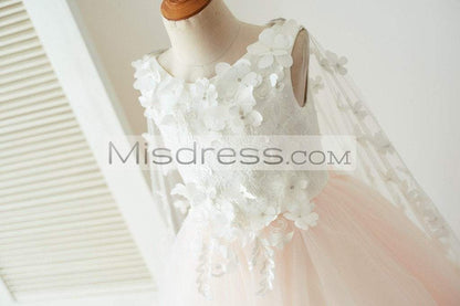 Ivory Lace Pink Tulle Wedding Party Flower Girl Dress with Butterfly Cape - Flower Girl Dresses