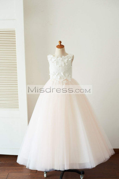 Ivory Lace Pink Tulle Wedding Party Flower Girl Dress with Butterfly Cape - Flower Girl Dresses