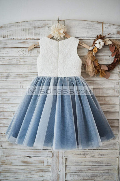 Ivory lace Silver Gray Tulle Wedding Flower Girl Dress with Black appliques\beads - Flower Girl Dresses