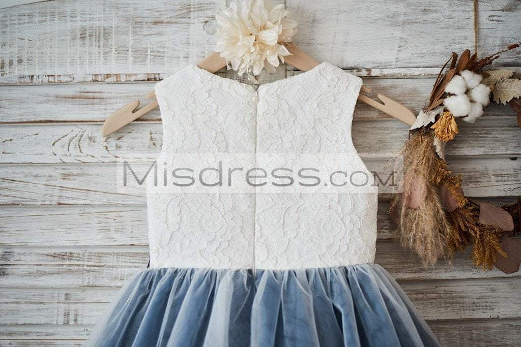 Ivory lace Silver Gray Tulle Wedding Flower Girl Dress with Black appliques\beads - Flower Girl Dresses