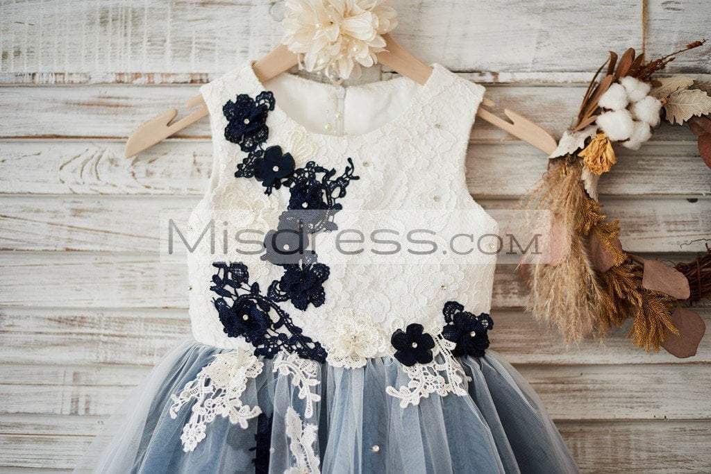 Ivory lace Silver Gray Tulle Wedding Flower Girl Dress with Black appliques\beads - Flower Girl Dresses