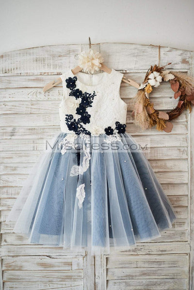 Ivory lace Silver Gray Tulle Wedding Flower Girl Dress with Black appliques\beads - Flower Girl Dresses