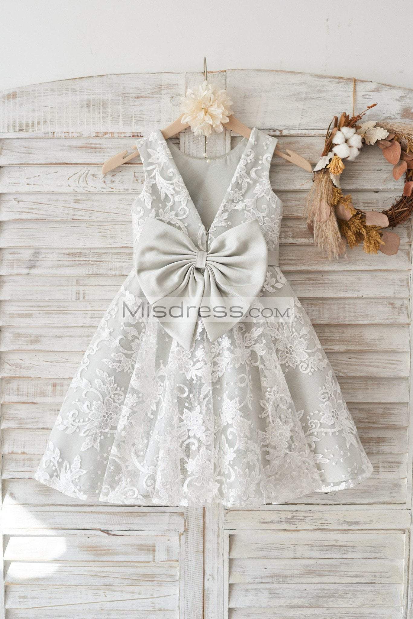 Ivory Lace Deep V Back Wedding Flower Girl Dress with Silver lining/bow - Flower Girl Dresses