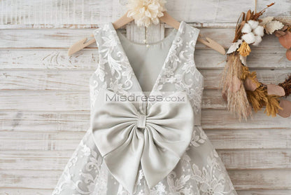 Ivory Lace Deep V Back Wedding Flower Girl Dress with Silver lining/bow - Flower Girl Dresses
