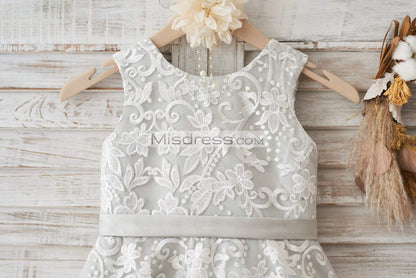 Ivory Lace Deep V Back Wedding Flower Girl Dress with Silver lining/bow - Flower Girl Dresses