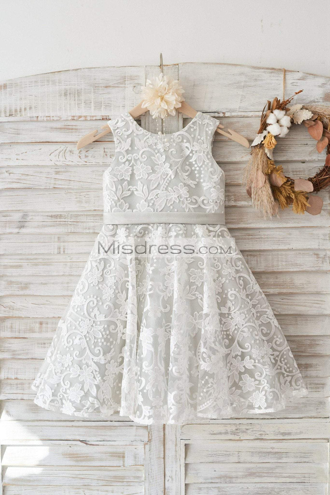 Ivory Lace Silver Lining Deep V Back Wedding Flower Girl Dress, Bow