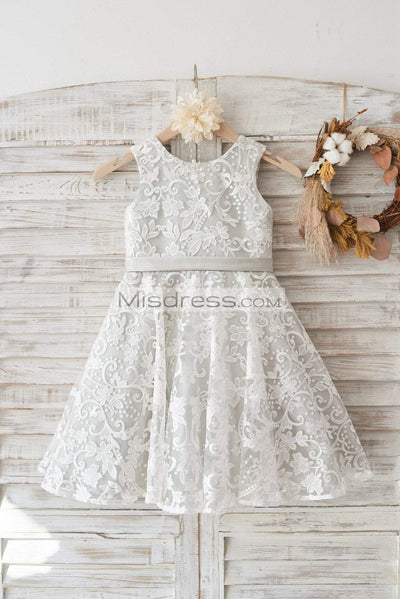 Ivory Lace Deep V Back Wedding Flower Girl Dress with Silver lining/bow - Flower Girl Dresses
