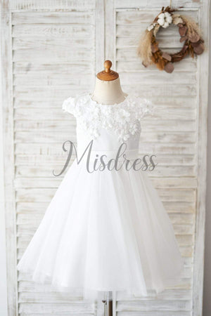 Ivory Lace Tulle Cap Sleeves Flowers Wedding Flower Girl Dress - Flower Girl Dresses