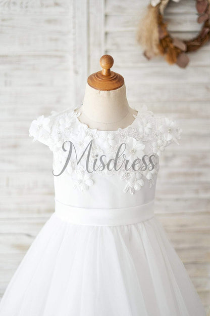 Ivory Lace Tulle Cap Sleeves Flowers Wedding Flower Girl Dress - Flower Girl Dresses