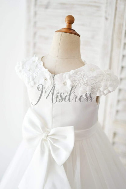 Ivory Lace Tulle Cap Sleeves Flowers Wedding Flower Girl Dress - Flower Girl Dresses
