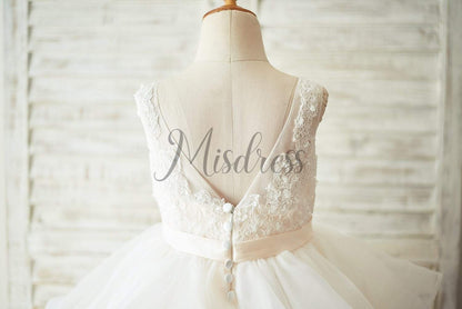 Ivory Lace Tulle Champagne Lining V Back Wedding Flower Girl Dress - Flower Girl Dresses