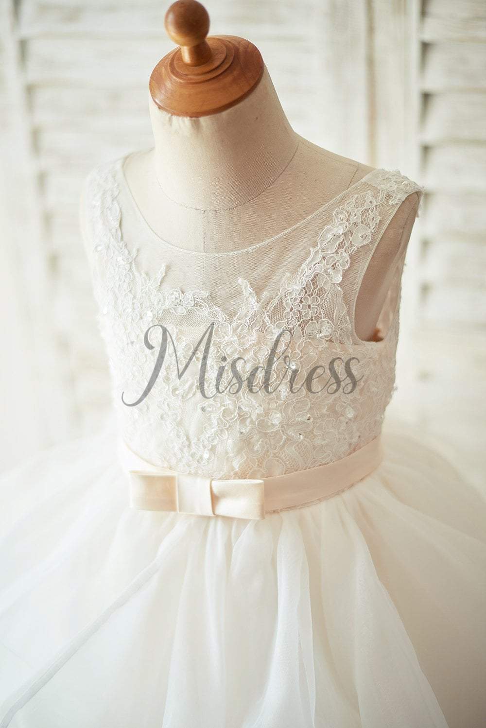 Ivory Lace Tulle Champagne Lining V Back Wedding Flower Girl Dress - Flower Girl Dresses
