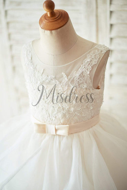 Ivory Lace Tulle Champagne Lining V Back Wedding Flower Girl Dress - Flower Girl Dresses