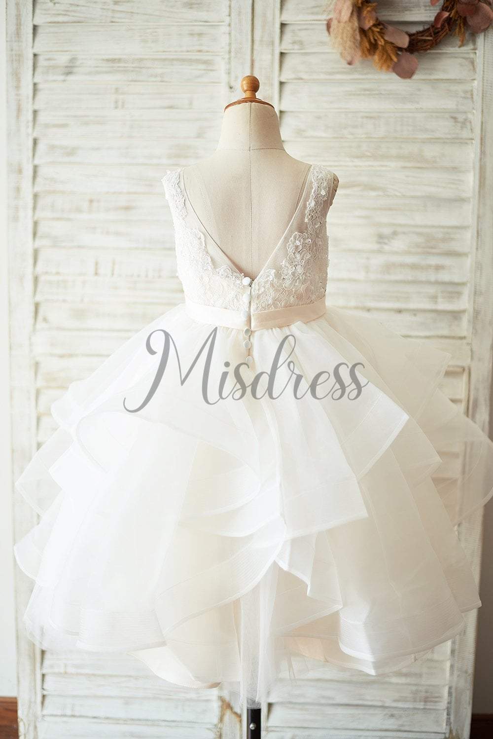 Ivory Lace Tulle Champagne Lining V Back Wedding Flower Girl Dress - Flower Girl Dresses