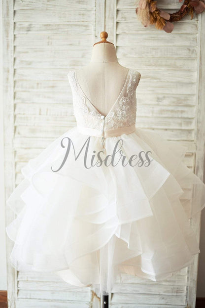 Ivory Lace Tulle Champagne Lining V Back Wedding Flower Girl Dress - Flower Girl Dresses