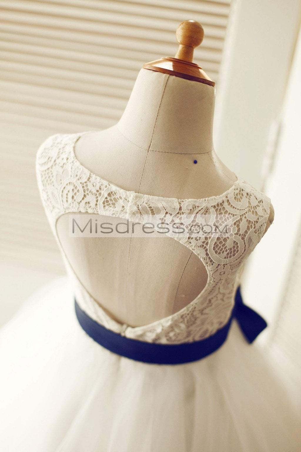 Keyhole Ivory Lace Tulle Wedding Flower Girl Dress/navy Blue Sash - Flower Girl Dresses