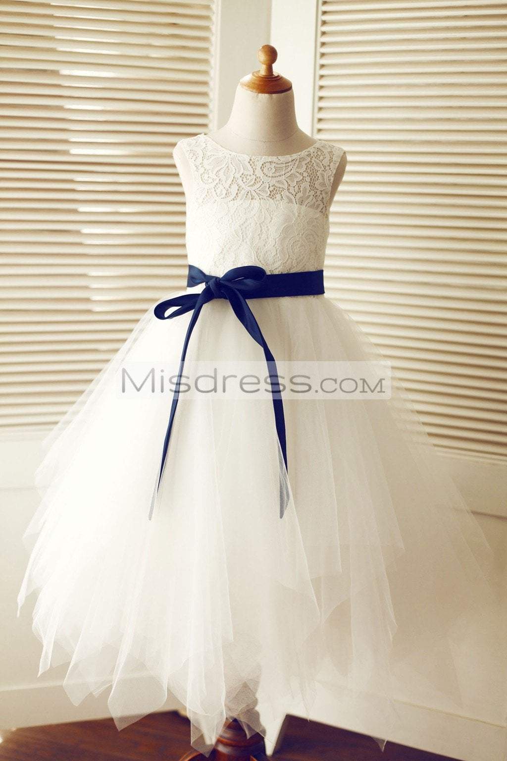 Keyhole Ivory Lace Tulle Wedding Flower Girl Dress/navy Blue Sash - Flower Girl Dresses